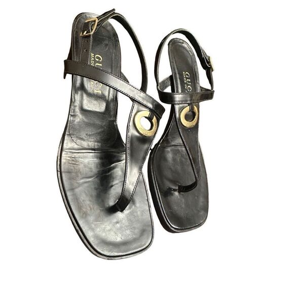 GUCCI Black Leather Slingback T Strap Sandals Size 71/2 - Picture 4 of 9